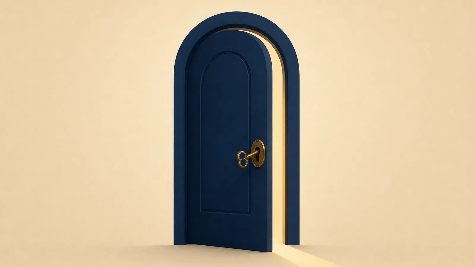 A brass key in the lock of a navy door that is slightly open with warm light spilling out, suggesting writing tool login help and regaining access.