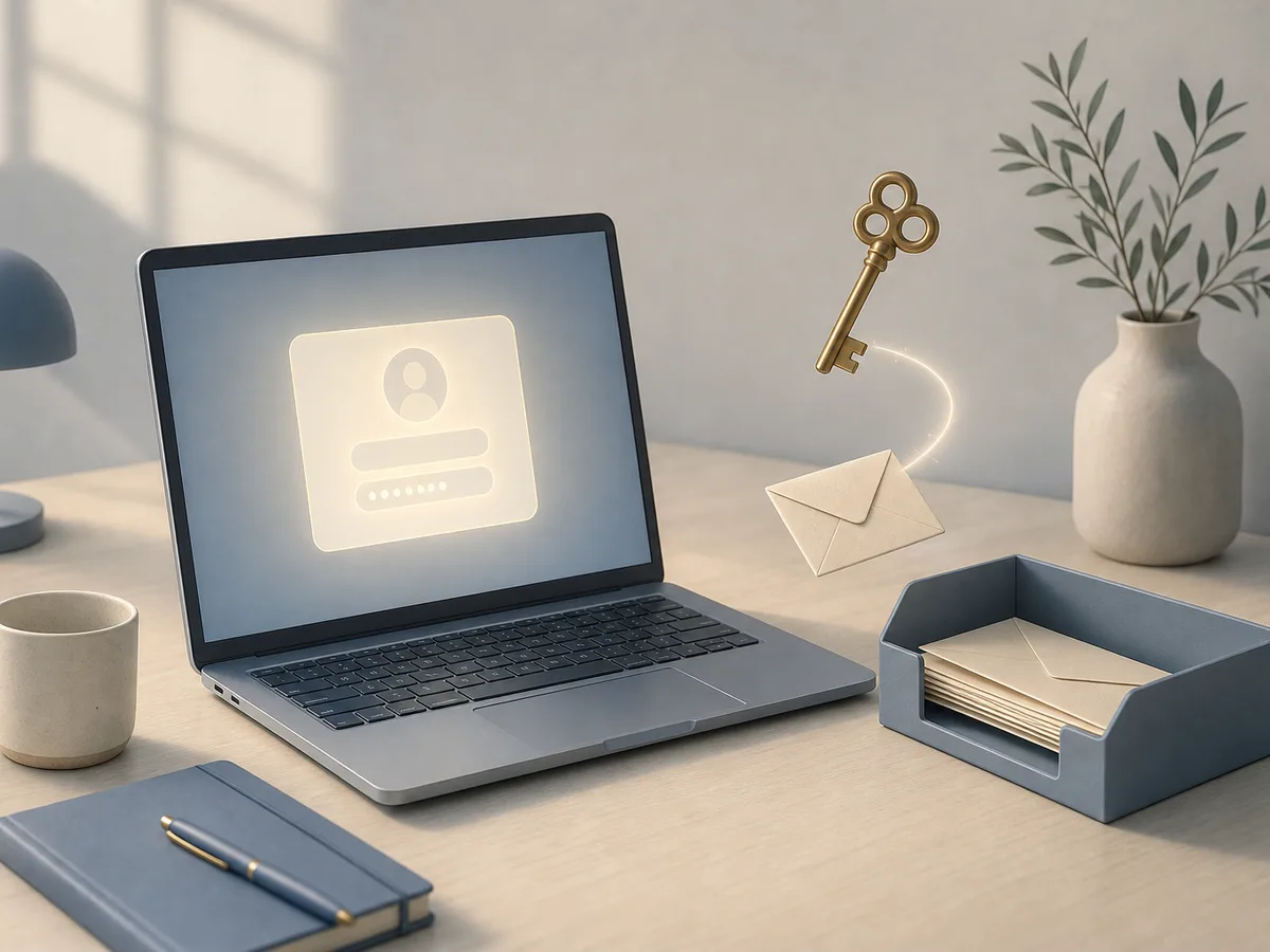 A laptop on a desk sends a small envelope toward an inbox while a brass key floats above it, suggesting how to reset a password by email.