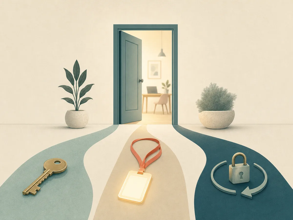 Three paths, led by a key, an access badge and a circular padlock arrow, converge on one open door, illustrating writing tool login help and the ways back into a workspace.