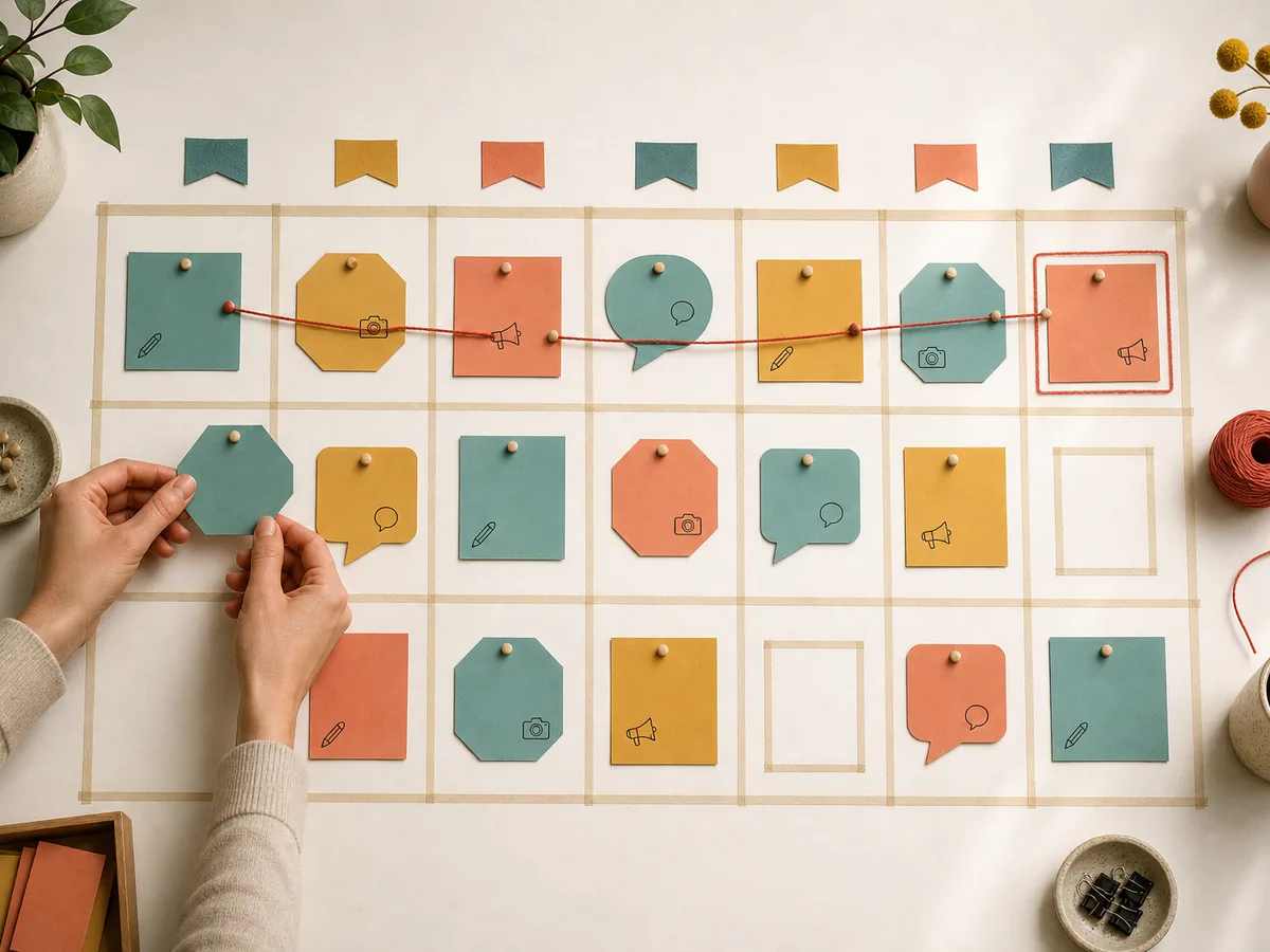 A shared planning wall with a grid of colour-coded cards linked by string toward a final card, illustrating an editorial calendar template with open slots.