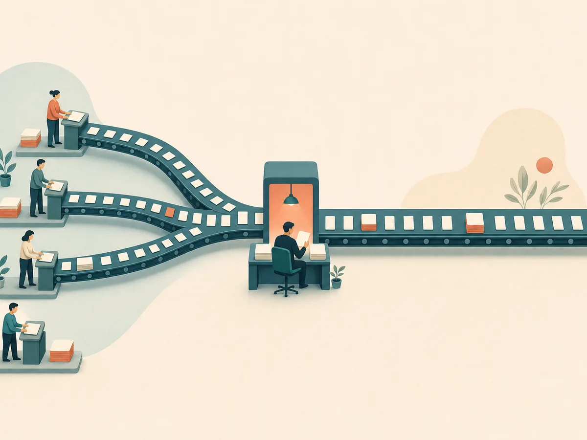 Illustration of pages moving along a conveyor through one narrow review gate, emerging as evenly spaced finished pieces, showing a sustainable publishing cadence limited by the slowest stage.