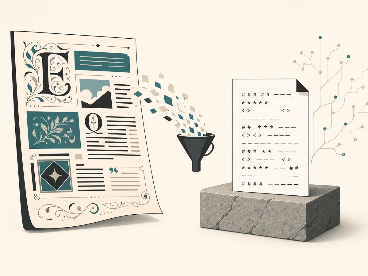 Illustration de l'export Markdown : une page richement décorée est canalisée vers une feuille de texte brut épurée faite de symboles simples, posée sur un bloc solide devant un arbre de versions à peine visible.