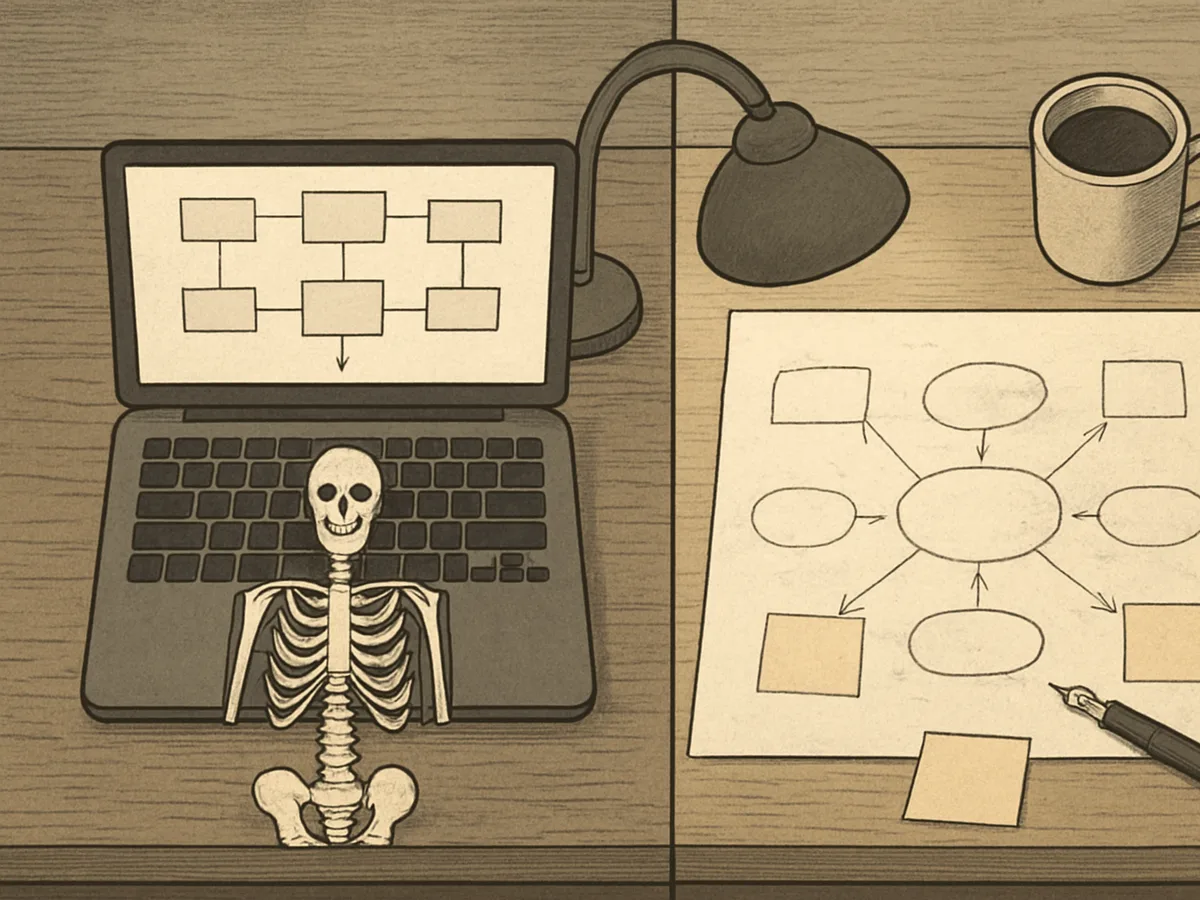 A split desk shows a laptop auto-building a neat card grid on one side and a hand-drawn pencil mind map with sticky notes on the other.
