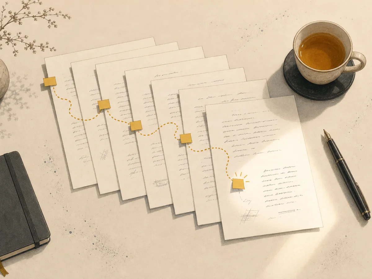 Des pages de manuscrit en éventail, chacune dotée d'un petit onglet et reliées par un chemin en pointillés comme sur une carte, évoquant des notes de modification de brouillon qui guident un auteur d'une version à l'autre.