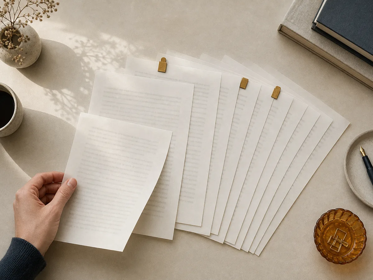 Des brouillons sur papier translucide disposés en éventail dans une pile, quelques-uns marqués d'attaches en laiton, tandis qu'une main retire une page antérieure, pour illustrer l'historique des versions d'un document pour les auteurs.