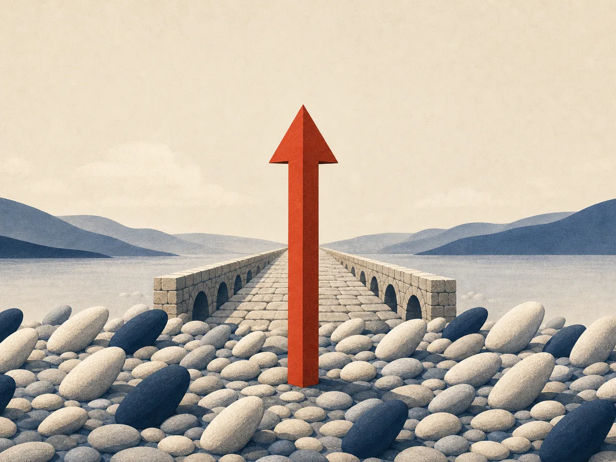 A bold statement shown as a sharp vermilion signpost standing against a field of leaning pebbles, with a sturdy stone bridge of stacked blocks behind it, suggesting the claim needs support.