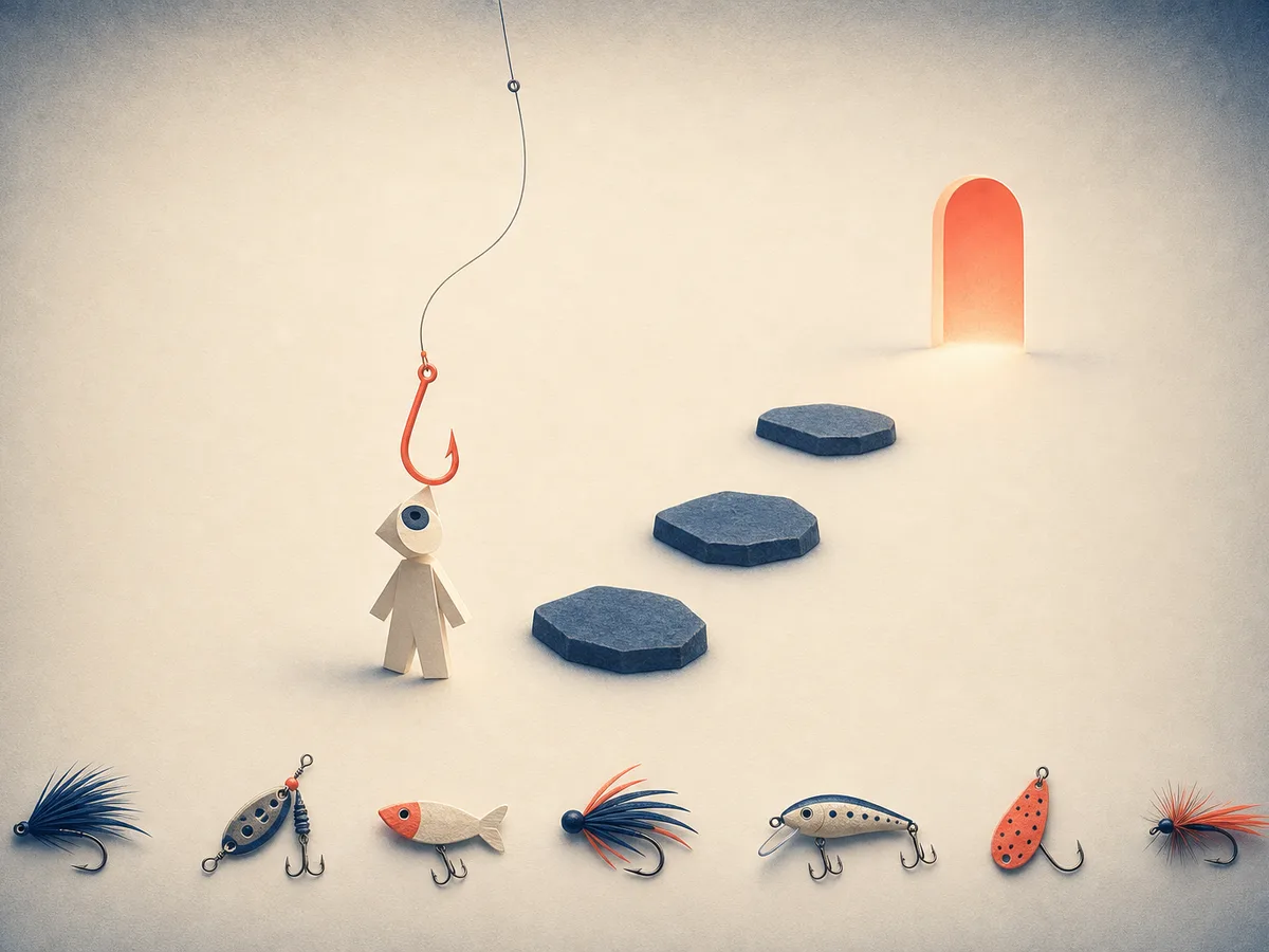 A fishing hook dangling from a blank page, with stepping stones leading to a glowing doorway, illustrating how to write an opening paragraph that grabs, orients and promises.