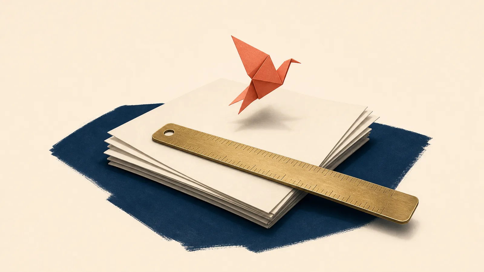 A brass ruler rests across a stack of blank paper with a small folded paper bird rising from it, suggesting what a Flesch Kincaid readability score measures and what it misses.