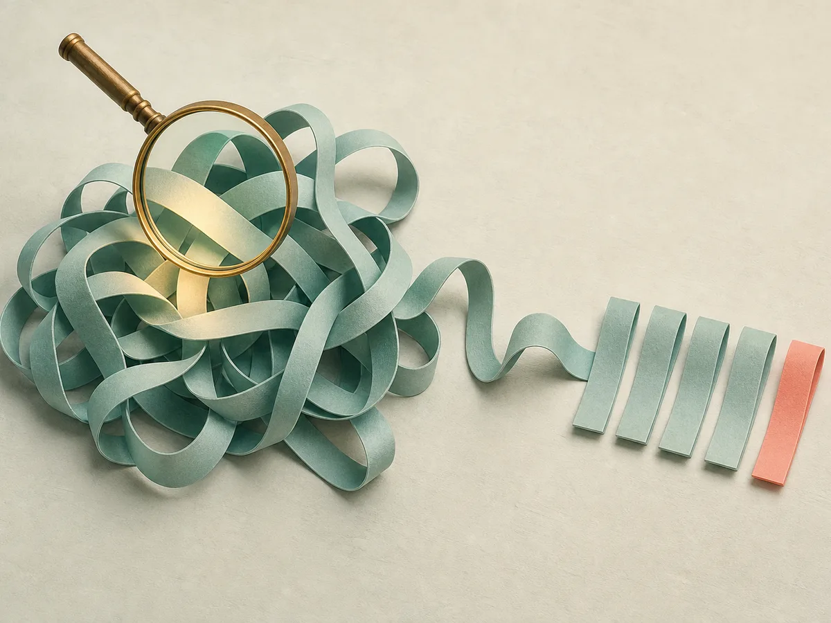 A long tangled paper ribbon under a magnifying glass beside neat short strips, suggesting how sentence length can reveal dense writing.