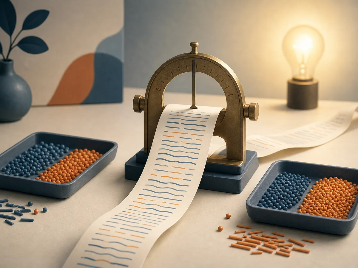 A paper ribbon of abstract lines runs through a measuring gauge, a visual metaphor for how a Flesch Kincaid readability score measures text structure but not meaning, shown by a dim bulb behind it.
