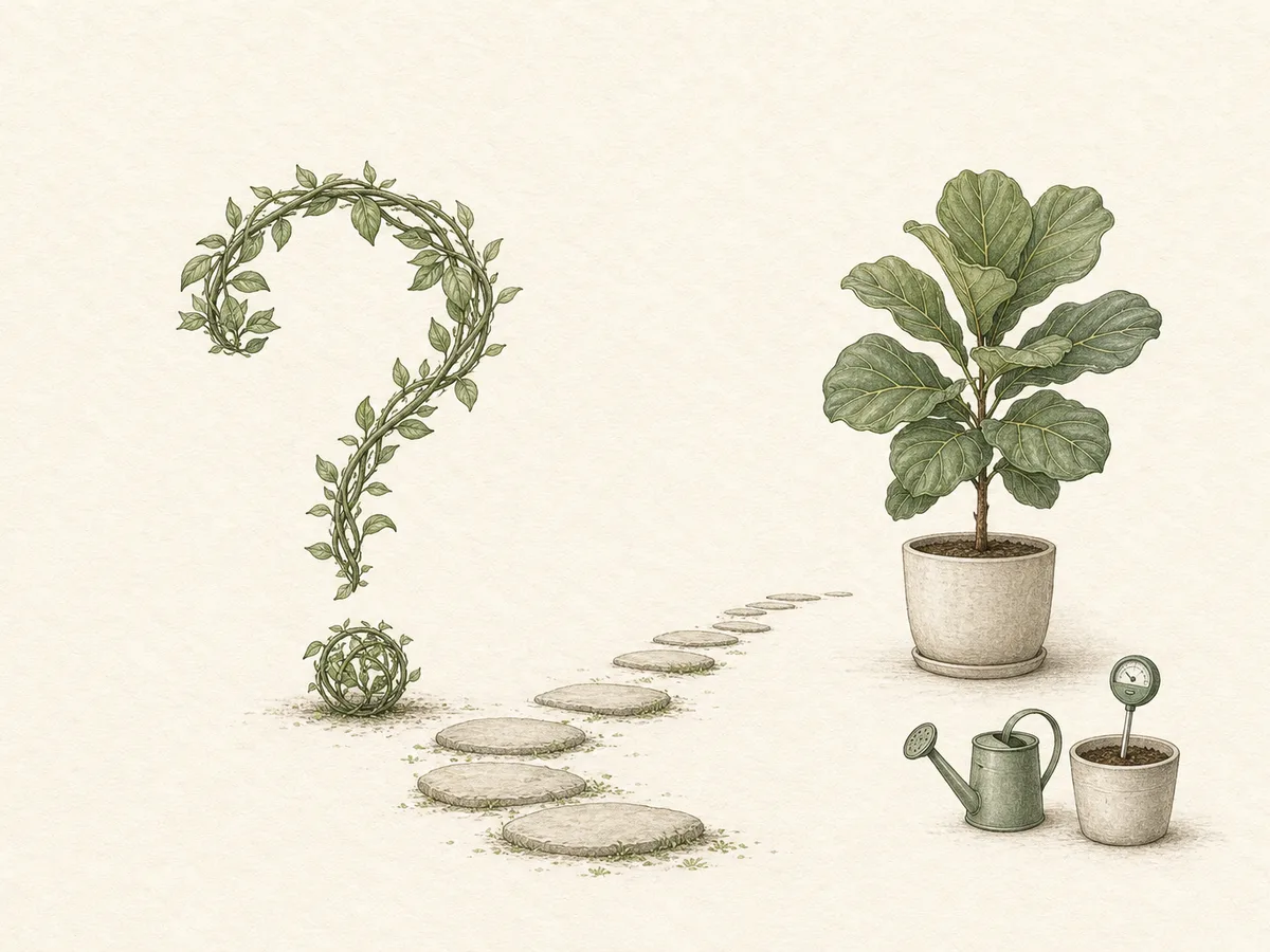 Un point d'interrogation formé par une vigne à côté d'un figuier lyre, avec des pas japonais menant à un arrosoir, illustrant une question qui trouve une réponse claire dans un contenu informatif.