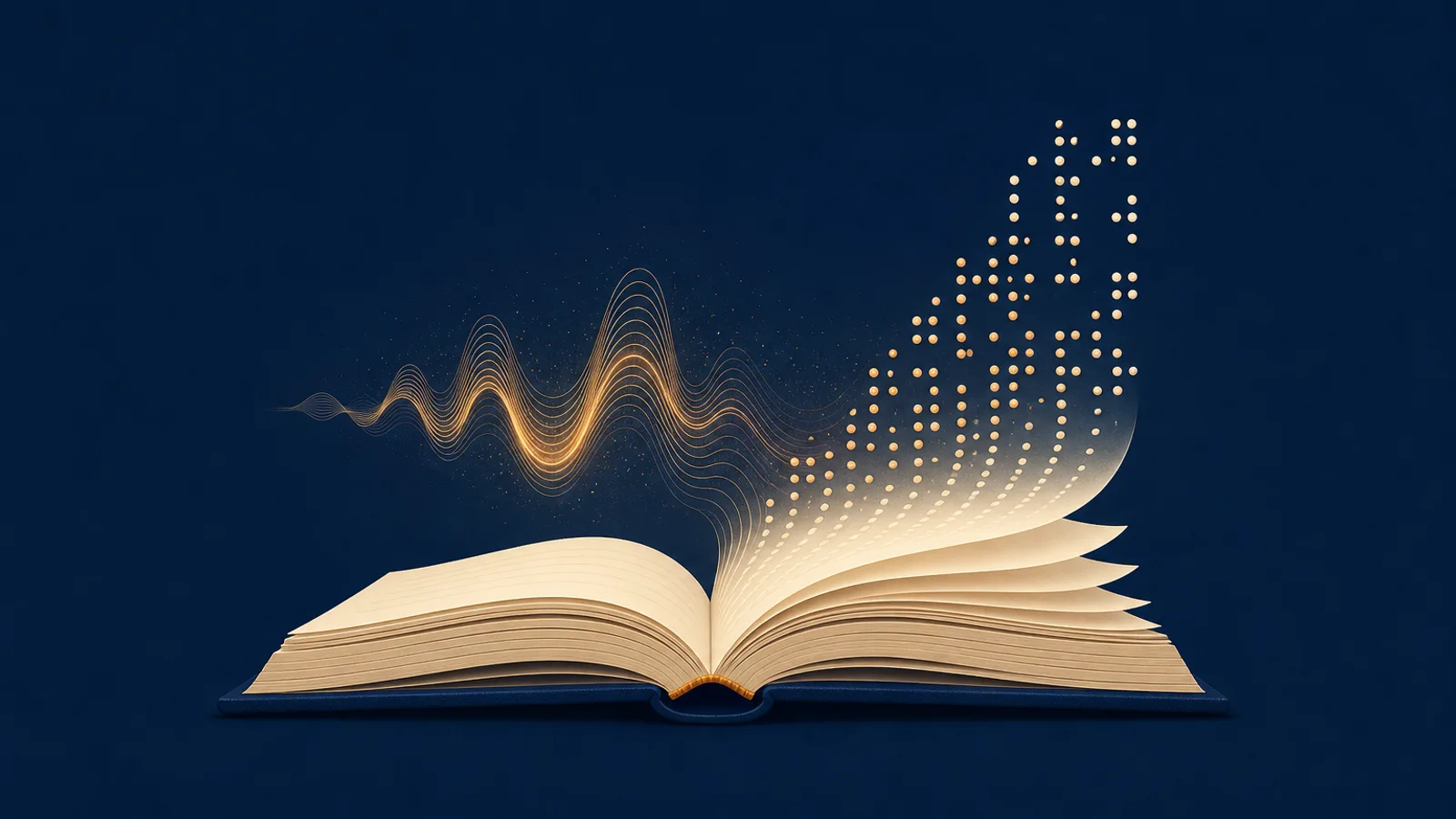 Un livre ouvert au centre dont les pages se dissolvent en ondes sonores et en points en relief, évoquant une rédaction de contenu accessible que l'on peut lire, entendre et toucher.