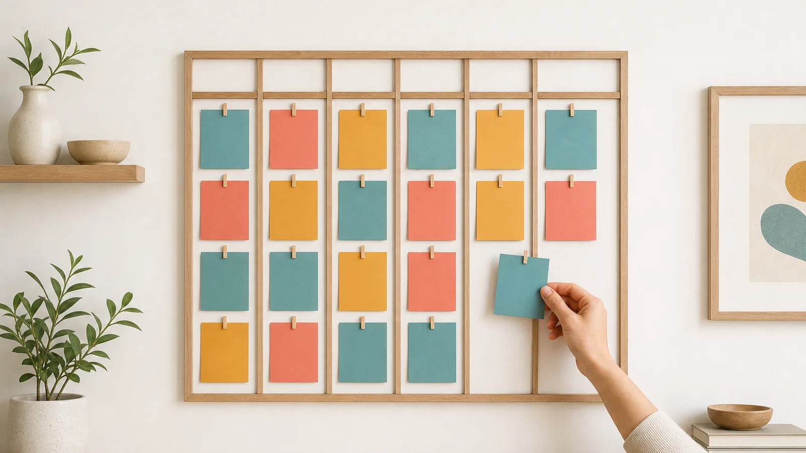 Une grille ordonnée de cartes en papier colorées, épinglées en rangées sur un mur clair, évoquant un modèle de calendrier éditorial, avec une main qui place une carte.