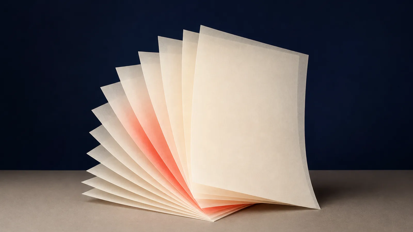 Layered translucent sheets of paper fanned out in a cascade, with one coral sheet standing out, suggesting document version history for writers and the ability to return to an earlier draft.