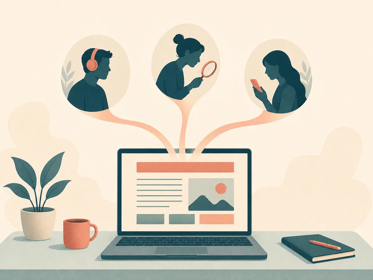 Illustration of accessible content writing: one clearly structured web page sends ribbons of light to a listener with headphones, a reader with a magnifier and a person on a phone.