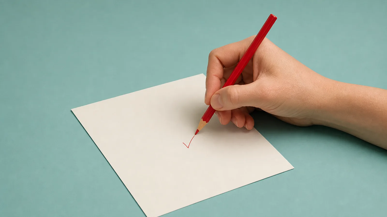 Une main tient un crayon rouge au-dessus d'une feuille de papier blanche et lisse, prête à l'annoter, sur un fond bleu-vert apaisant.