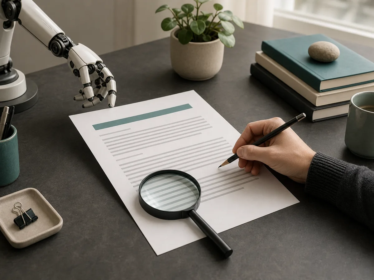 Une main humaine munie d'un crayon et d'une loupe examine un brouillon imprimé impeccable qu'un bras robotisé vient de poser sur un bureau bien rangé.