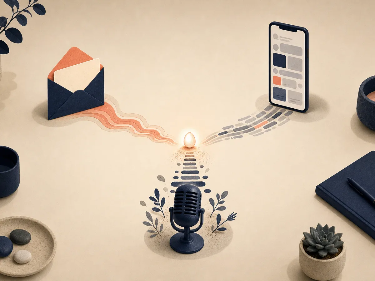 One glowing core idea branches into an envelope, a phone feed and a microphone, illustrating how to repurpose blog content into three formats.