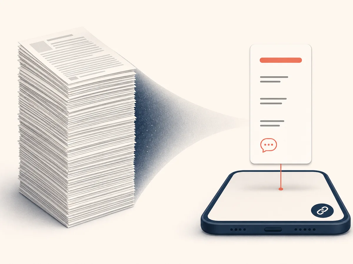 Illustration of a dense stack of paper distilled into one short, airy social card above a phone, a LinkedIn post with a bold hook, spaced lines and a speech bubble for the closing question.