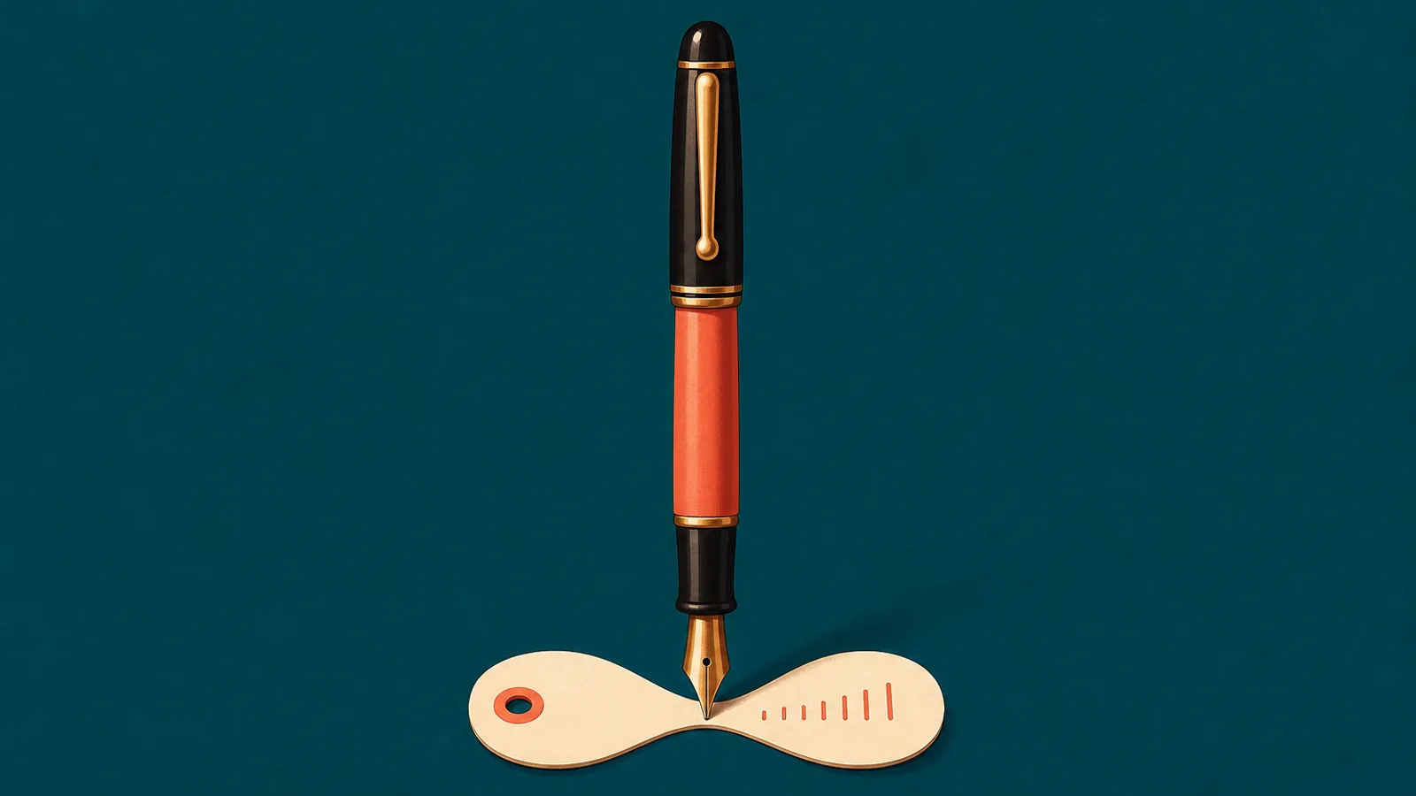 A fountain pen stands upright beside a row of tick marks and a small hourglass on a teal background, suggesting a writing software free trial checklist.