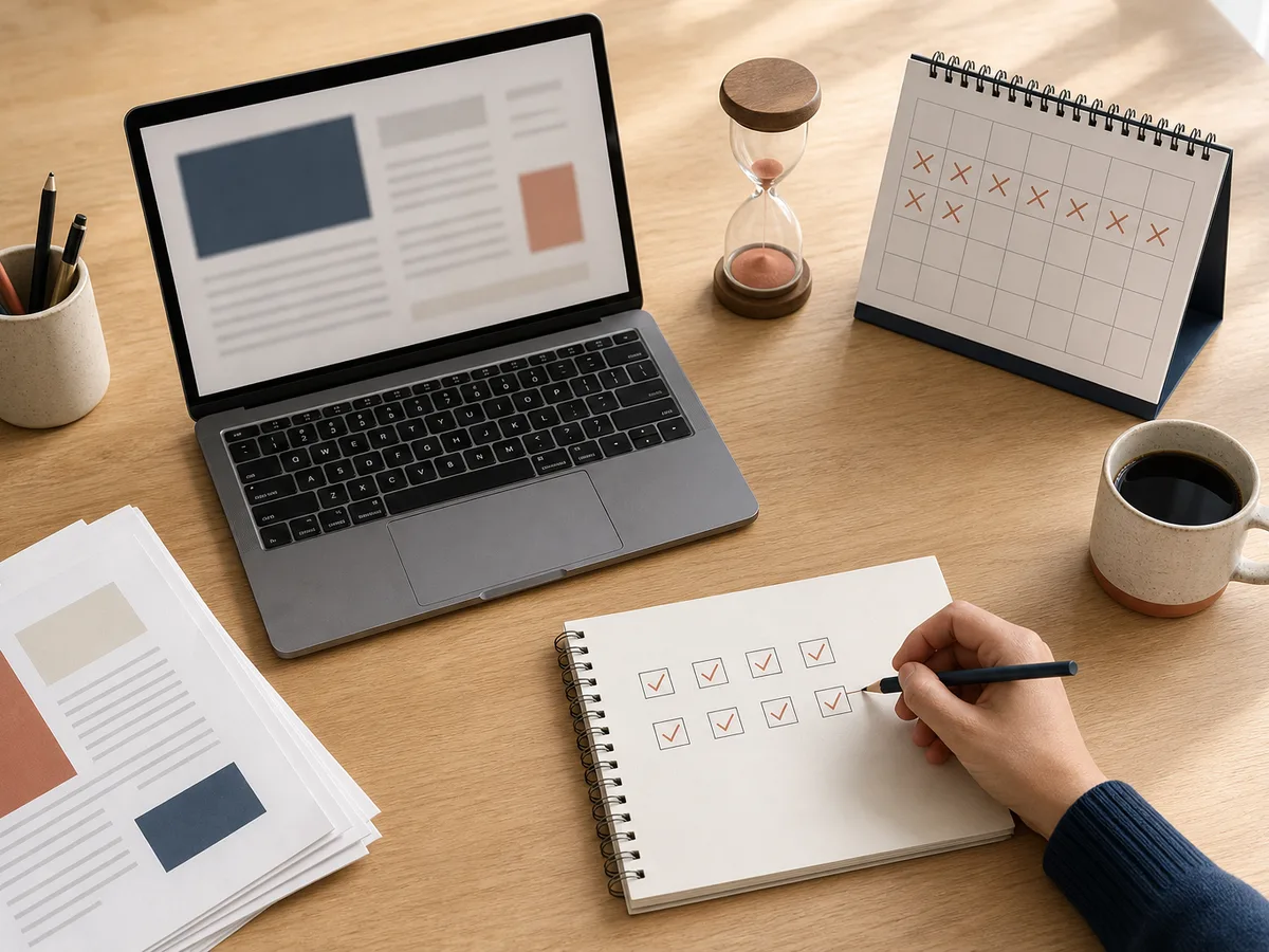 A desk with a laptop, a nearly empty hourglass and a hand ticking boxes on a notepad beside draft pages, suggesting a writing software free trial checklist worked through before time runs out.