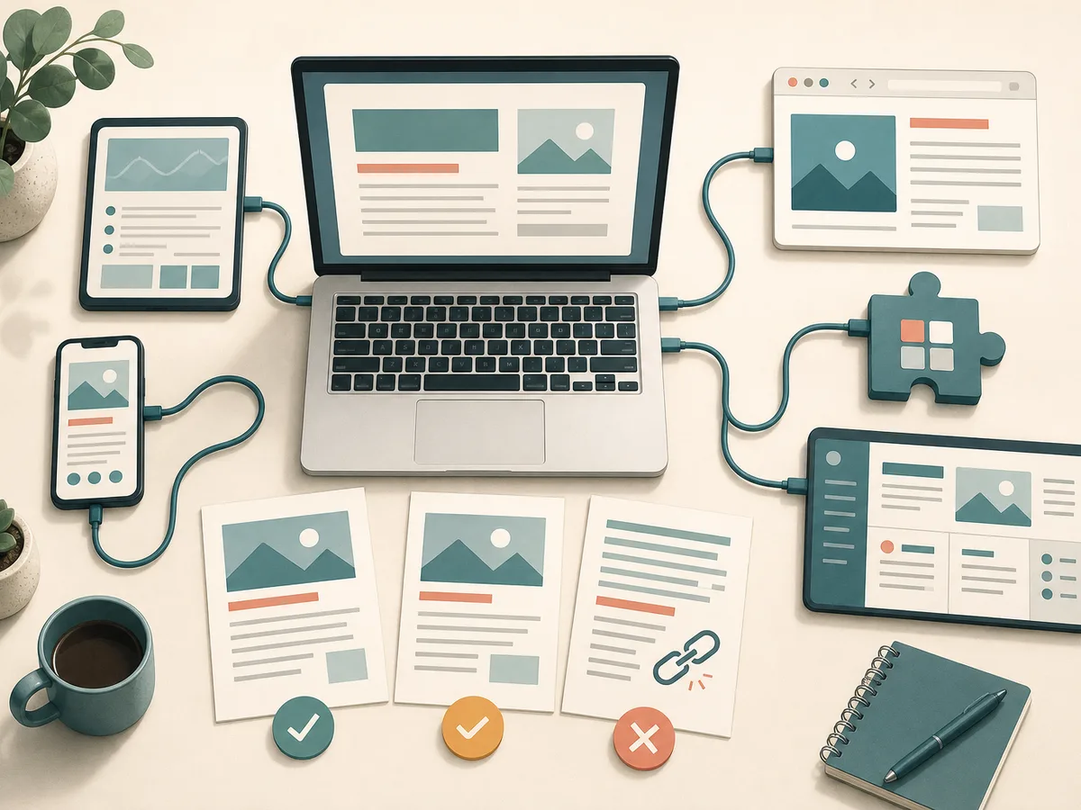 Laptop on a desk linked by cables to a browser window, a plug-in piece and a dashboard, with three printed sample pages marked pass, partial and fail, illustrating integrations testing.
