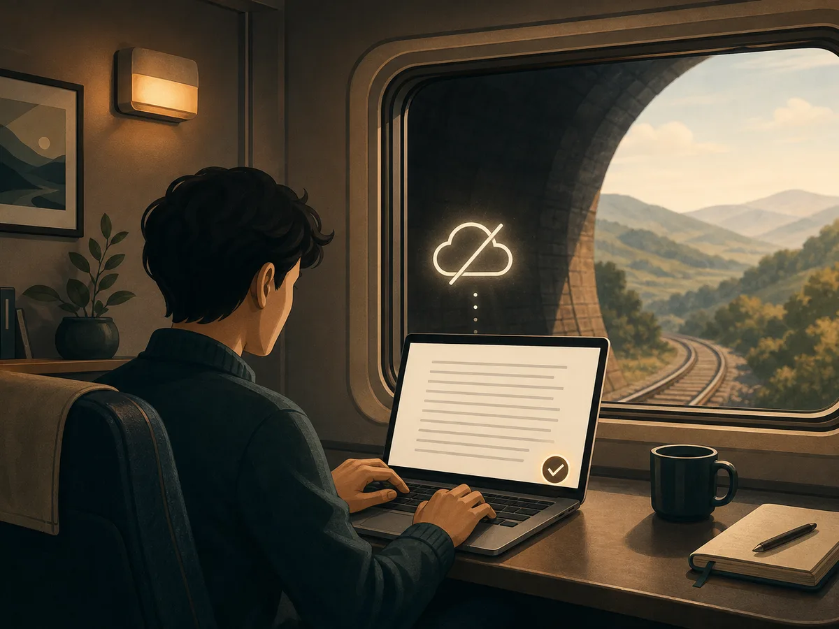 Un voyageur rédige sur un ordinateur portable dans un wagon de train qui traverse un tunnel ; un nuage barré est atténué tandis qu'une coche brille, illustrant une application d'écriture hors ligne qui enregistre le travail en local.