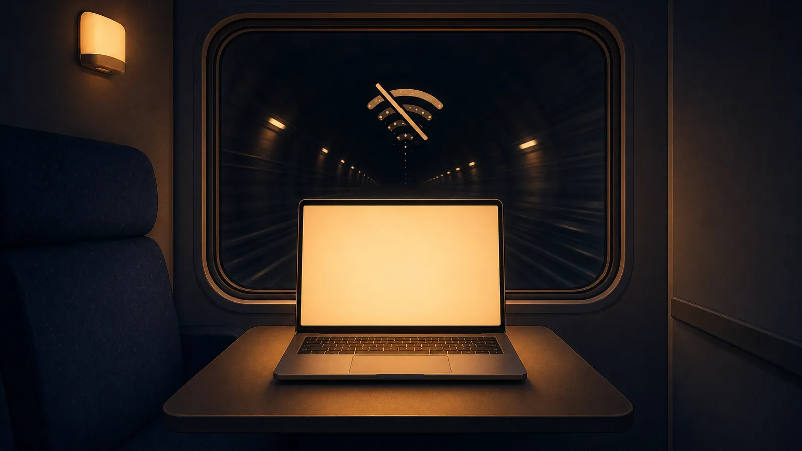 A glowing laptop on a train seat keeps working as the window shows a dark tunnel, suggesting an offline writing app that works without signal.