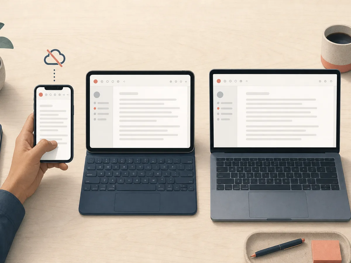 A phone, a tablet with keyboard and a laptop show the same blank page, but the phone lacks a sidebar and has an offline cloud icon, illustrating mobile writing gaps across devices.
