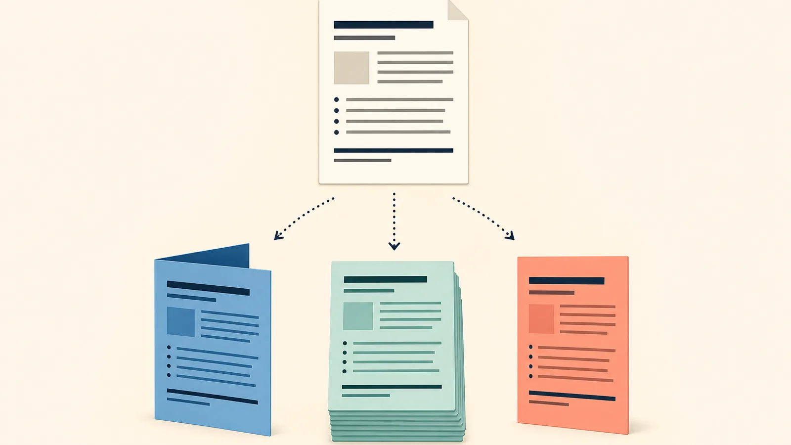 A tidy formatted page fans out into three clean copies in different forms, suggesting how writing can export to WordPress, Markdown, and PDF with its formatting intact.