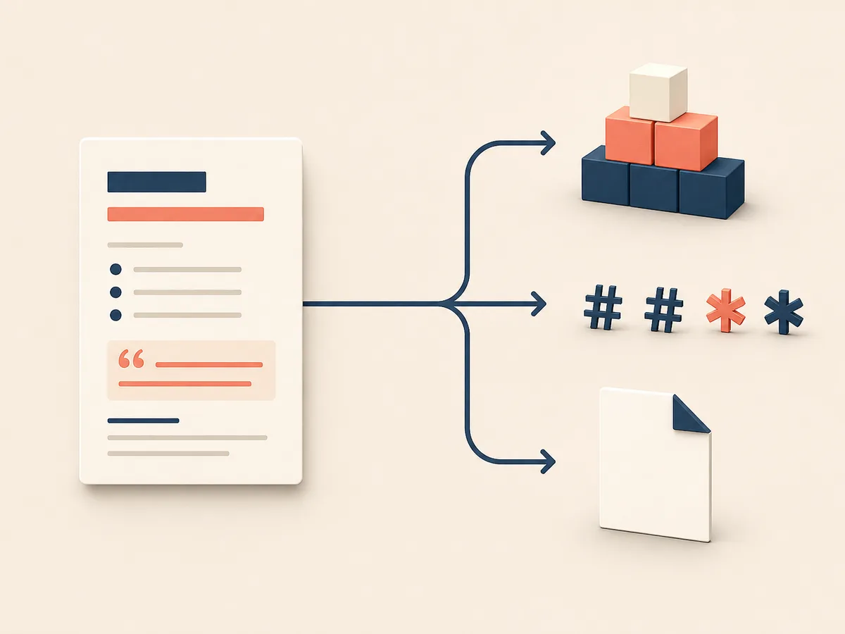 Illustration of one structured document branching into three routes: building blocks, plain-text symbols and a crisp paper page, showing how to export writing to WordPress, Markdown and PDF.