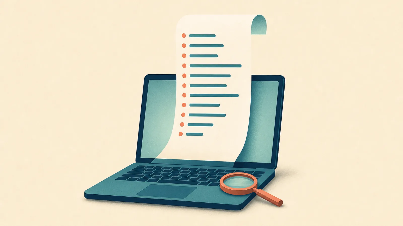 A laptop on a cream background with an outline framework rising from its screen as a half-written page takes shape, and a small magnifying glass resting on the keys.