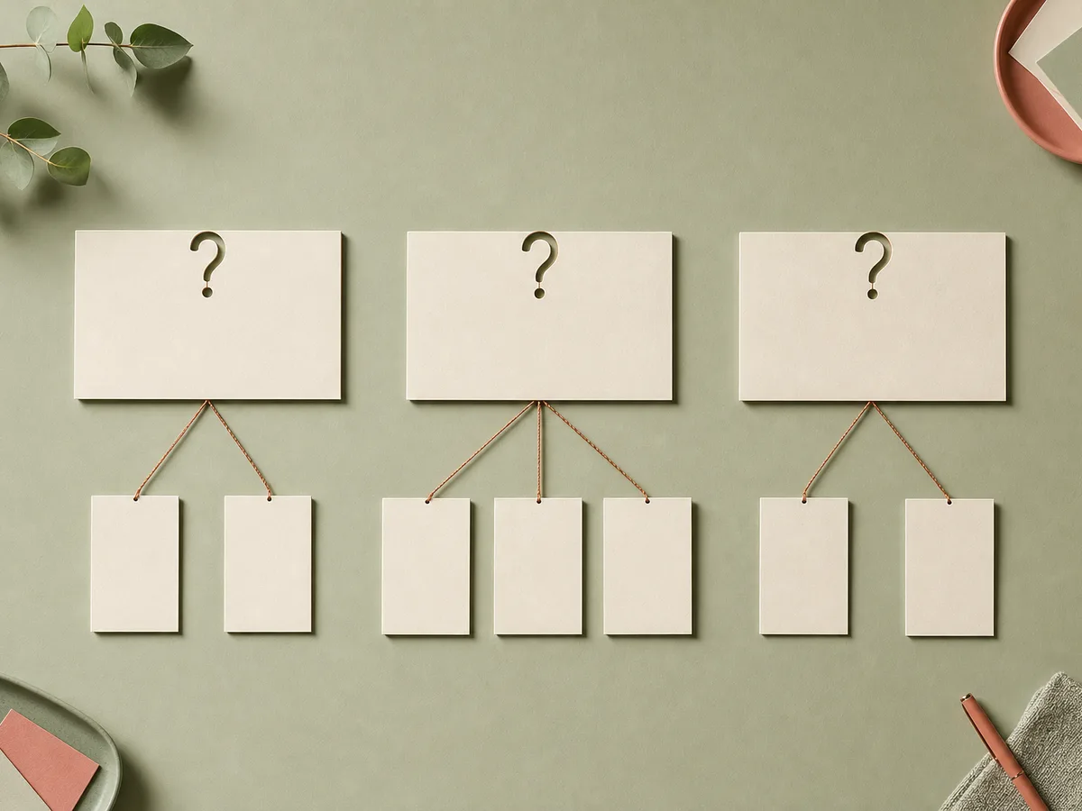 Paper cards arranged like a branching tree, with large question-marked cards each linked by thread to smaller cards beneath, showing main headings supported by sub-points.