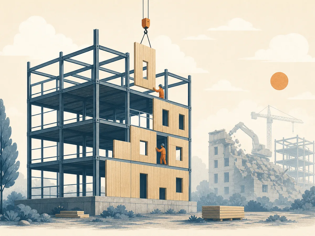 A building rises inside a pre-built scaffold frame, while a faint second building in the background is being torn down and rebuilt.